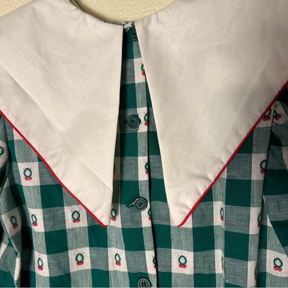 Vtg Hearts Design Dress Girls 12 Green Ivory Check Christmas Holiday USA Modest - Picture 9 of 12